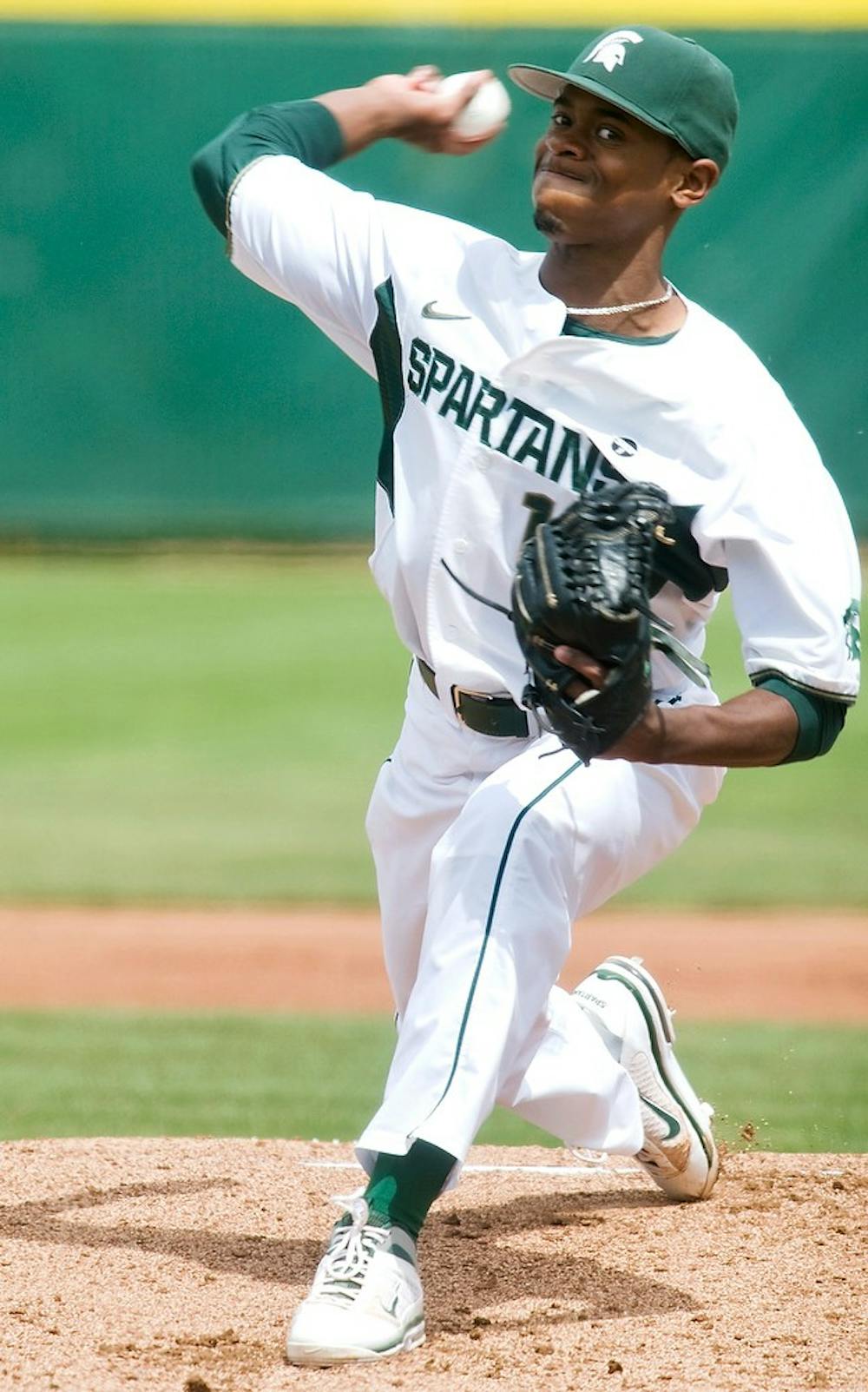 	<p>Sophomore pitcher David Garner winds up for a pitch April 22, 2012, at McLane Baseball Stadium at Old College Field. The Spartans beat the Gophers 5-4 in ten innings. Samantha Radecki/The State News</p>
