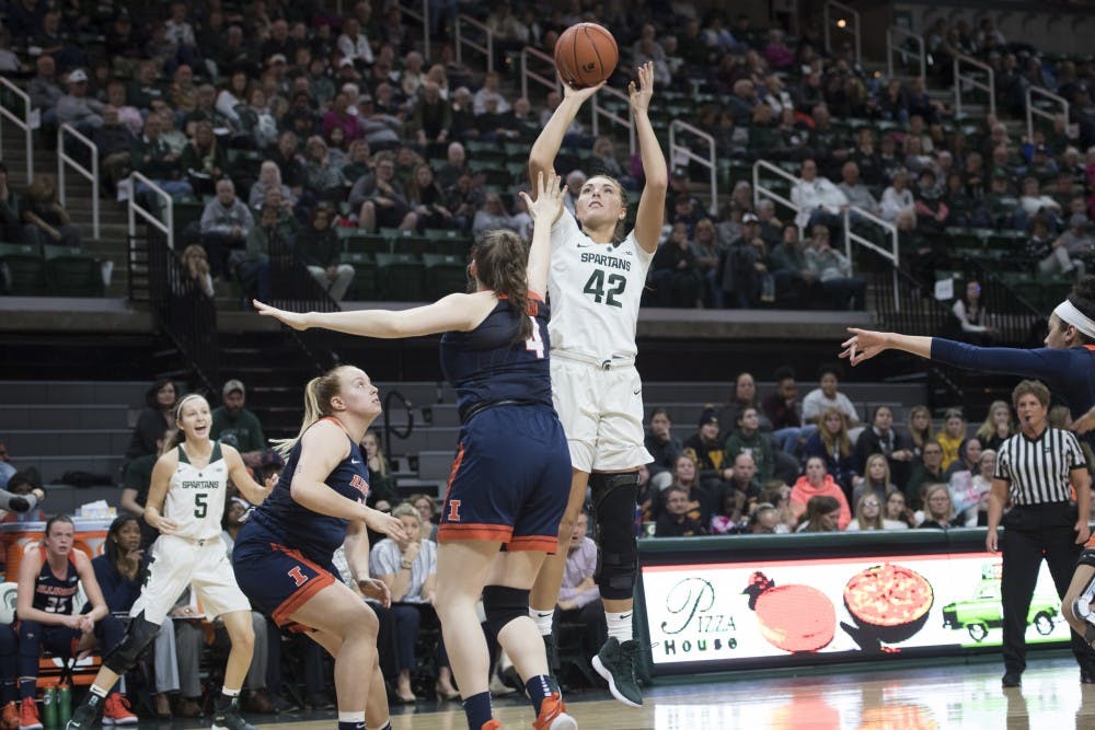 Freshman forward Kayla Belles (42) shoots the ball during the women's basketball game against Illinois at Breslin Center on Jan. 24, 2019. Nic Antaya/The State News