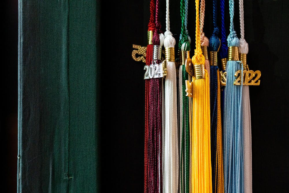 Old tassels hang on a production cart during the Michigan State University College of Communication Arts and Sciences graduation ceremony at the Breslin Student Events Center on Michigan State University’s campus in East Lansing, Mich., on Friday, May 1, 2026.
