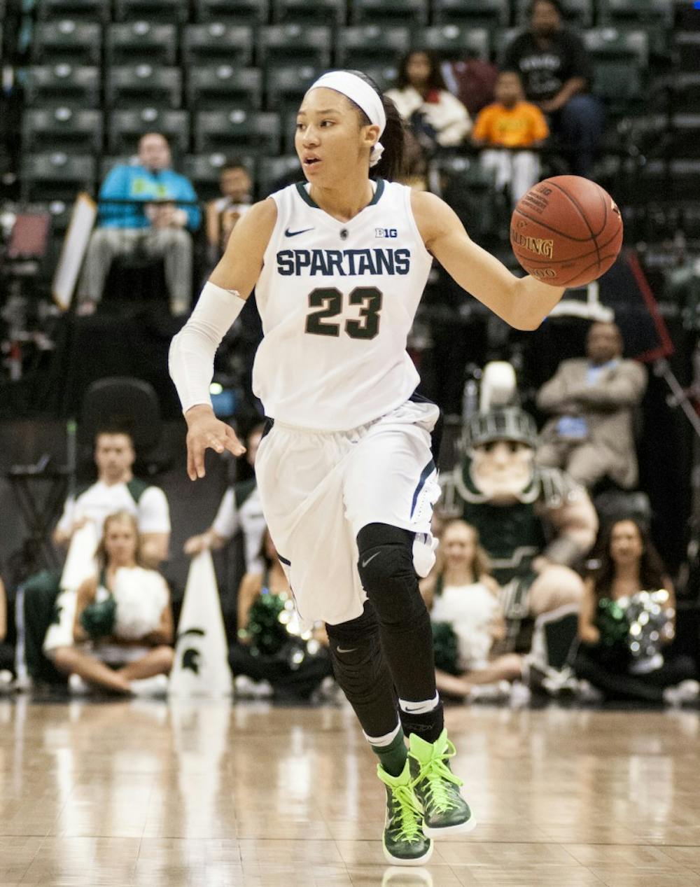 Junior forward Aerial Powers dribbles down the court during the women's basketball Big Ten championship game against Purdue on March 4, 2016 at Bankers Life Fieldhouse in Indianapolis. The Spartans defeated the Boilermakers, 65-64.