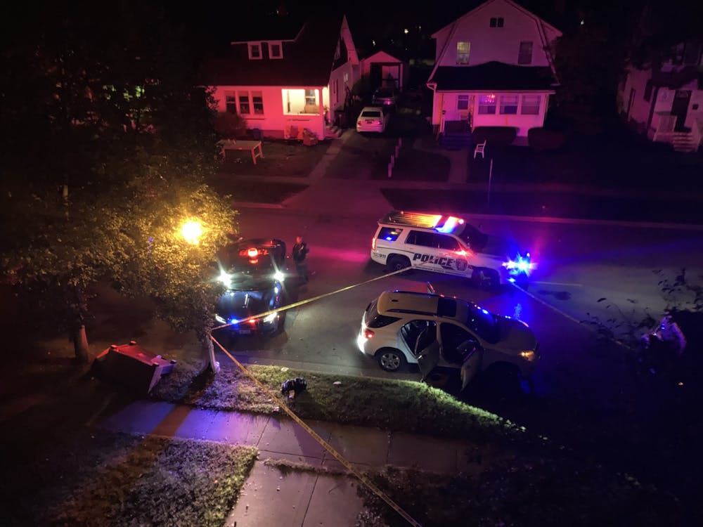 <p>Police report to a call on M.A.C. Avenue in East Lansing on Sept. 11, 2022. There were reports of a shooting and the suspect is still at-large. (Photo Courtesy of Gabrielle Ahlborn). </p>