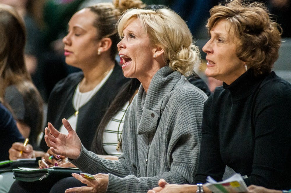 Head coach Suzy Merchant yells to Spartans the court during the game against Nebraska on Feb. 14, 2017 at Breslin Center. The Spartans led 40-38 at halftime.