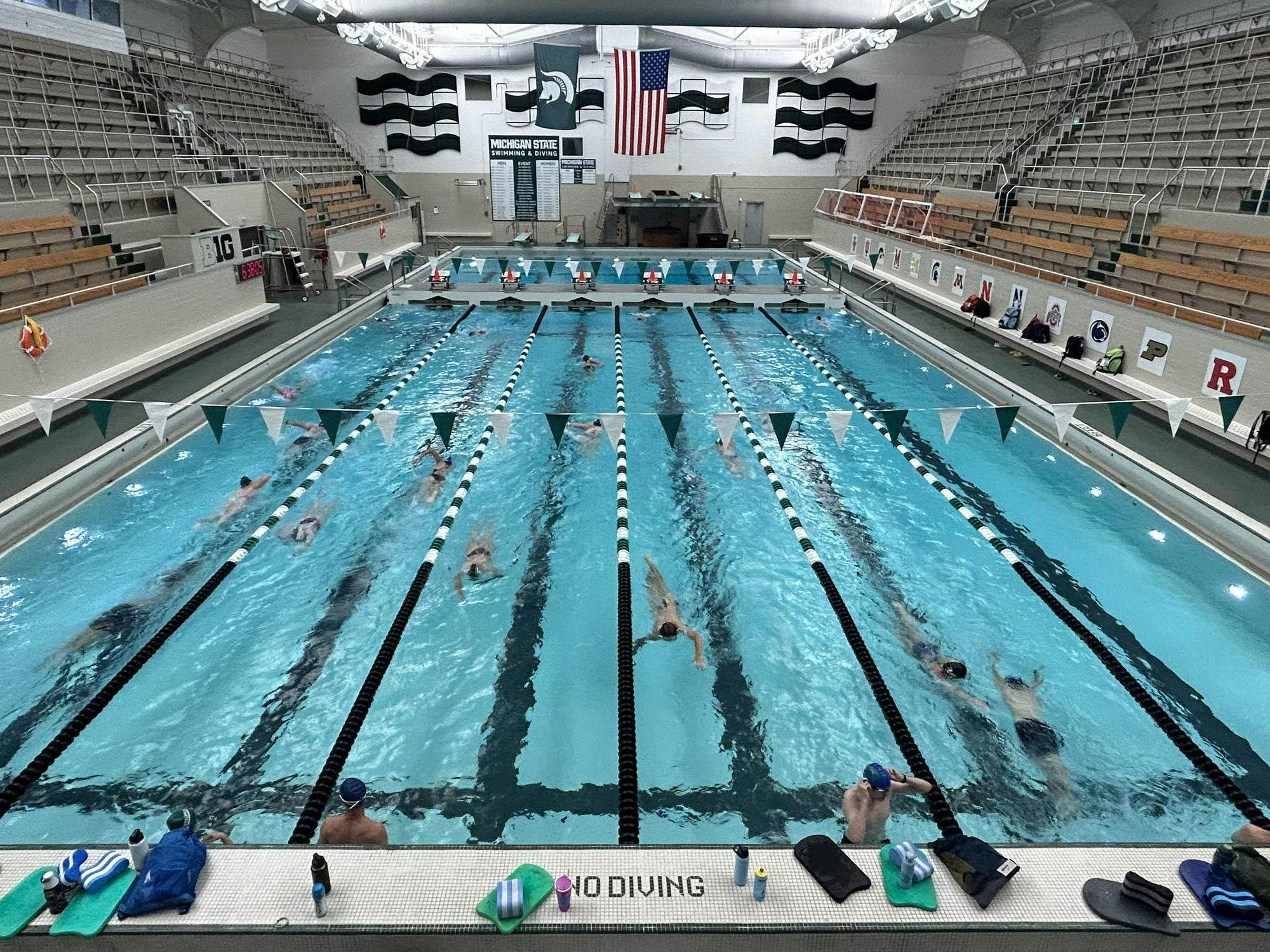 <p>Swim club members swim laps in IM West during Marathon for MSU on Sept. 20, 2023. Photo by Emilio Perez Ibarguen</p>