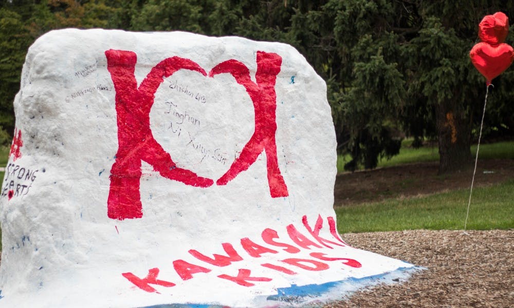 The Rock is painted for the Kawasaki 5k Fun Run at the MSU Auditorium on Sep. 8, 2018. The run was to raise awareness for Kawasaki disease.