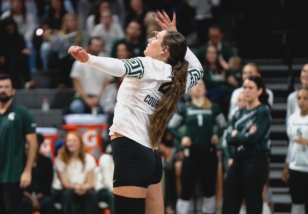 Michigan State outside hitter Danyle Courtley hits the ball at the Breslin Center in East Lansing, MI on Oct. 18, 2025.
