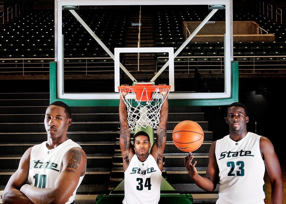 Freshman MSU basketball players from left are forward Delvon Roe, guard Korie Lucious and forward Draymond Green will be on the court when the season starts in November. Roe has been cleared to play after healing from  knee surgery. Jeana-Dee Allen/The State News