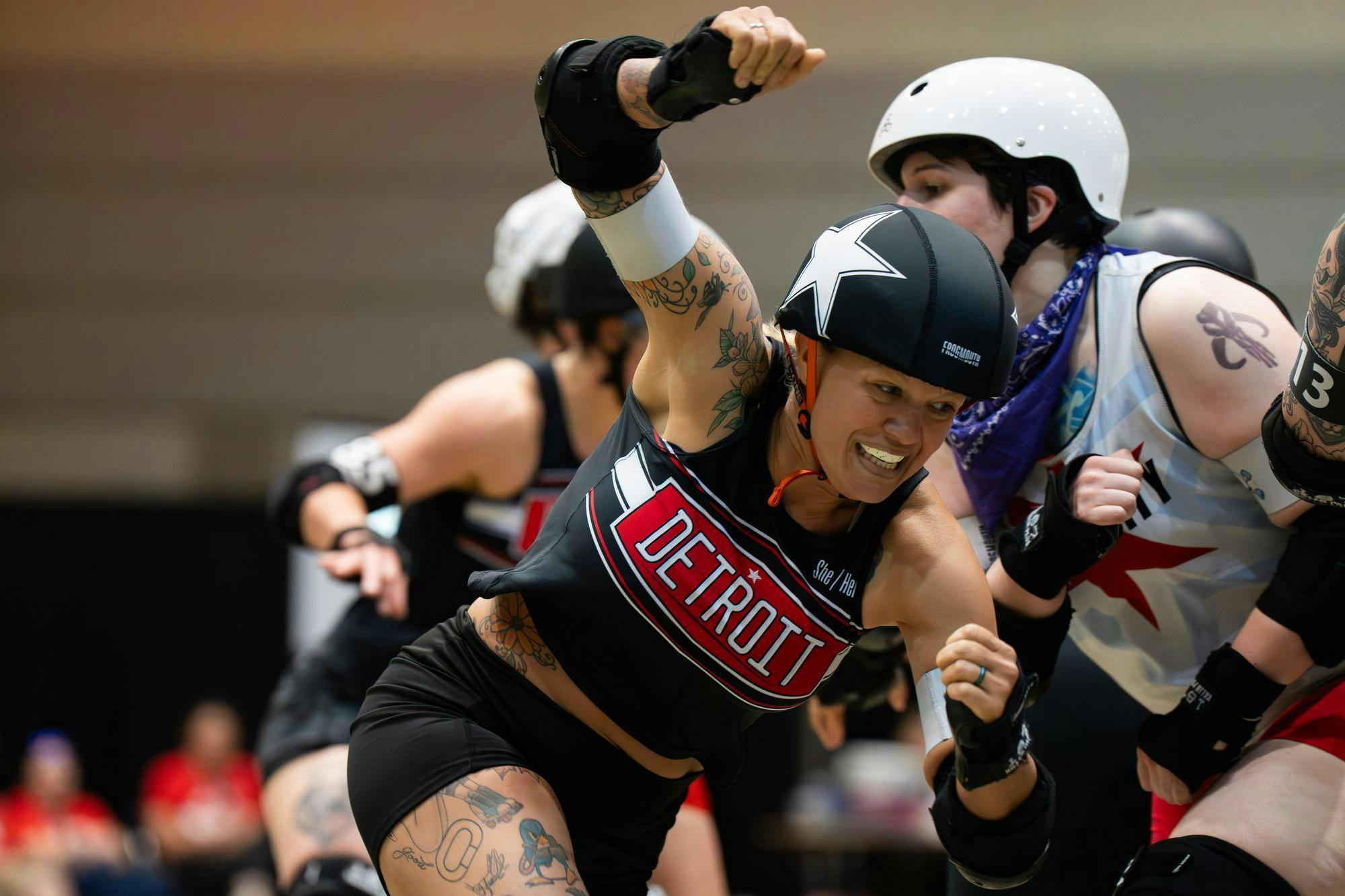 <p>Gina Mutz (39), a Detroit AllStars derby player also known as Gigi Spitfire, competes at the WFTDA North America Playoffs at the Lansing Center on May 29, 2026.</p>