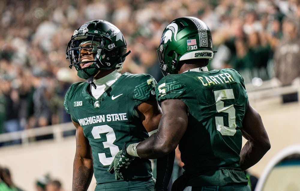 <p>Michigan State University redshirt senior wide receiver Montorie Foster Jr. (3) celebrates after scoring a touchdown during the game against the University of Iowa at Spartan Stadium on Oct. 19, 2024. The Spartans beat the Hawkeyes 32-20, breaking a three-game losing streak.</p>