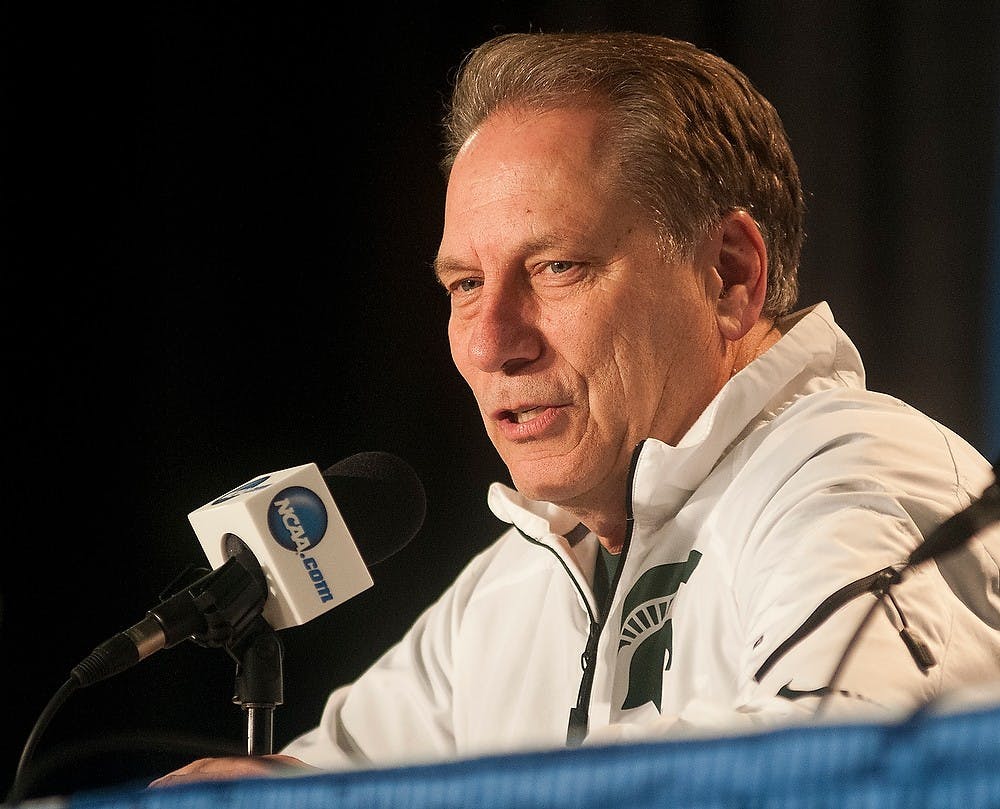 <p>Head coach Tom Izzo answers questions Mar. 21, 2015, during a press conference at the Time Warner Cable Arena in Charlotte, NC. The Michigan State Spartans will take on the Virginia Cavaliers in the Round of 32, Sunday, Mar. 22 at 12:10 pm EST. Alice Kole /The State News</p>