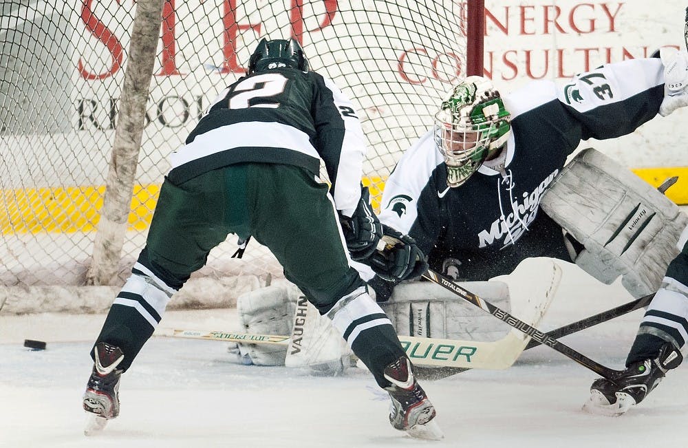 	<p>Junior goaltender Will Yanakeff gives up a goal to Miami (Ohio) forward Sean Kuraly on March 17, 2013, at Cady Arena of the Goggin Ice Center in Oxford, Ohio. <span class="caps">MSU</span> lost to Miami (Ohio), 4-1, in the third and final game of the second round of the <span class="caps">CCHA</span> playoffs, ending the season for the Spartans. Danyelle Morrow/The State News</p>