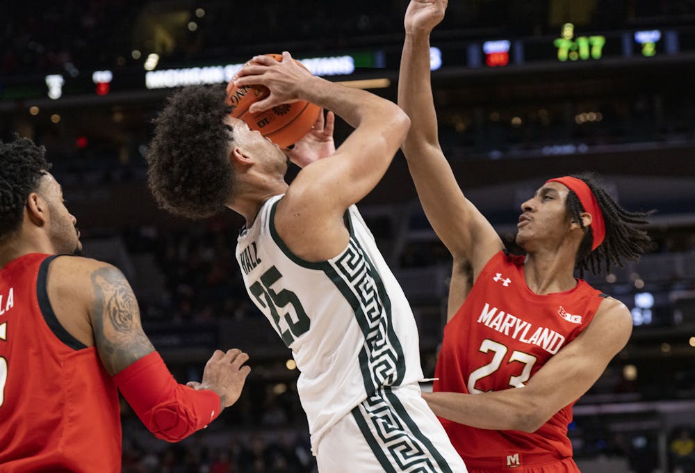 <p>Halll (25) recovers a rebound in the Spartans match against the Maryland Terrapins in their first game of the B1G Tournament at Gainbridge Fieldhouse in Indianapolis on March 10, 2022.</p>