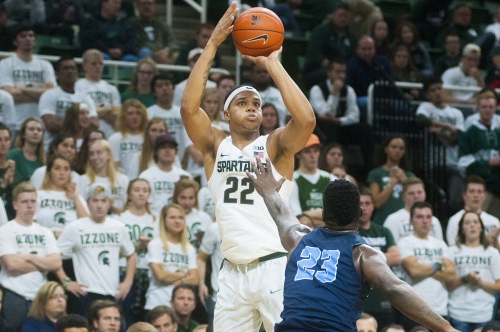 Freshman forward Miles Bridges (22) shoots the ball during the basketball game against Northwood on Oct. 27, 2016 at Breslin Center. The Spartans defeated the Timberwolves, 93-69. 
