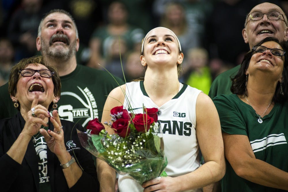 Senior guard Tori Jankoska (1) looks up at the screen during her senior night after the women's basketball game against Pennsylvania State University on Feb. 22, 2017 at Breslin Center. The Spartans defeated the Nittany Lions, 73-64. 