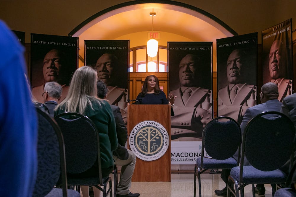 Chair of the Dr. MLK Jr. Commission of Mid-Michigan Elaine Hardy speaks before accepting checks from corporate sponsors at the presentation ceremony Jan. 17, 2020 at the Hannah Community Center.
