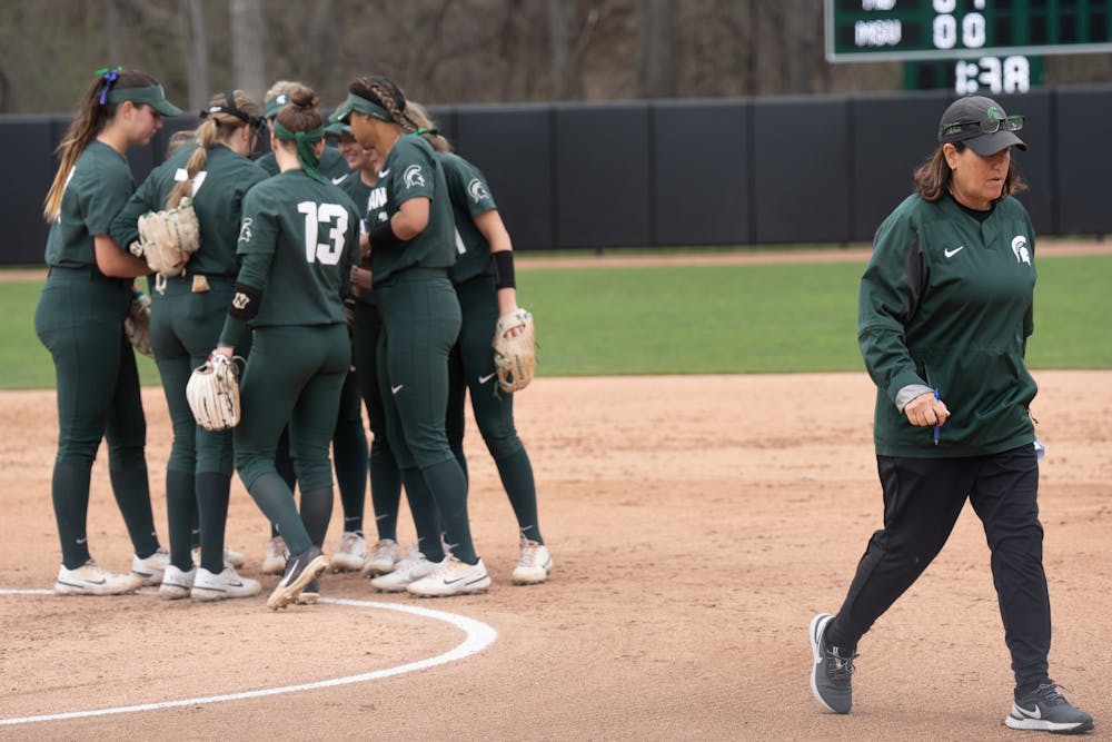 <p>Head Coach Jacquie Joseph tries to boost team morale and confidence  during an inning against Maryland at Secchia Stadium on April 30, 2022. The Spartans lost to the Terps with a score of 8-0. </p>