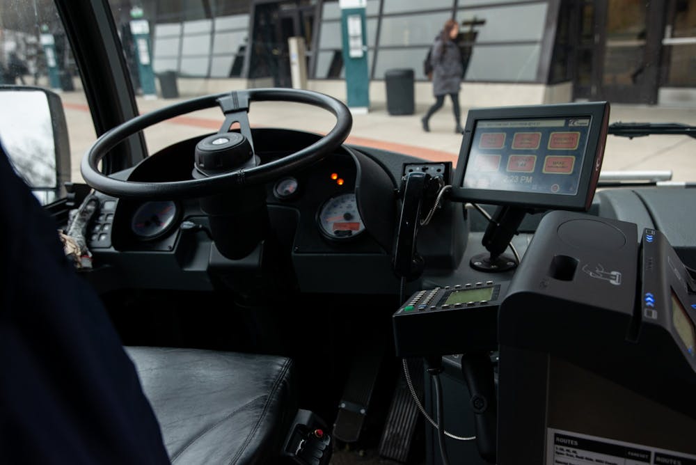 <p>A bus driver&#x27;s seat and monitors on a Cata bus on Jan. 29, 2020.</p>