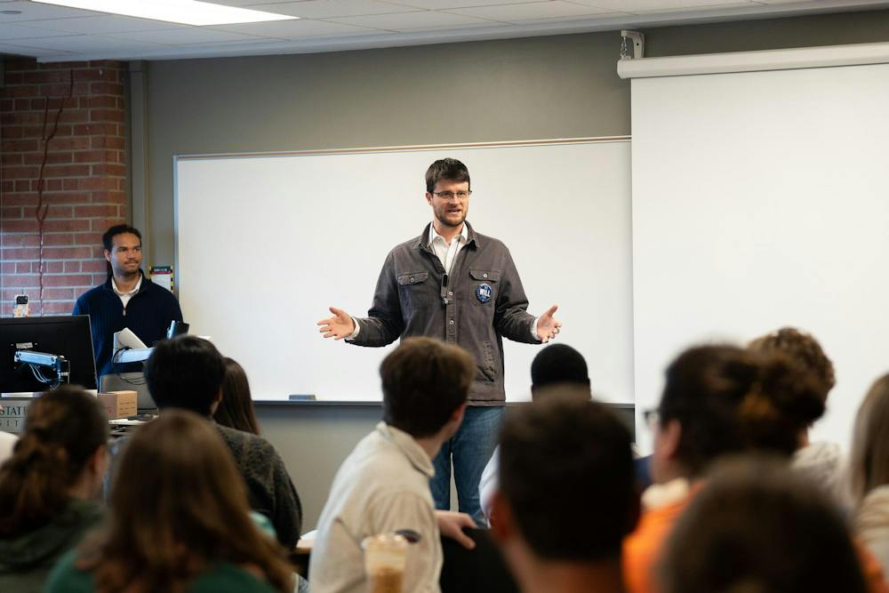 <p>Will Lawrence speaks to students at the MSU Dems meeting in East Lansing, Mich., on Sept. 15, 2026.</p>