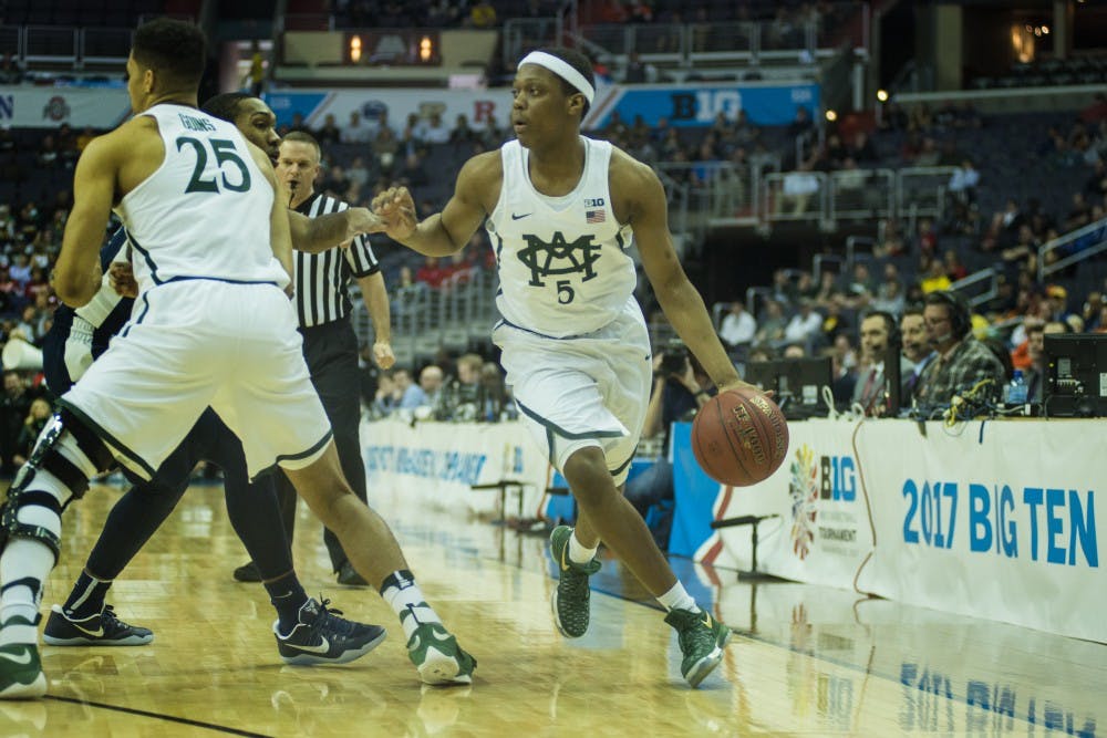 Freshman guard Cassius Winston (5) takes the ball up the court during the first round of the Big Ten Tournament on March 9, 2017 at Verizon Center in Washington D.C. The Spartans are up at half time, 45-27.