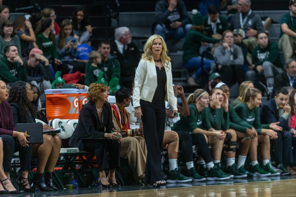 <p>Women's basketball head coach Suzy Merchant looks on from the bench as the Spartans face off against Maryland on Thursday, Jan. 17, 2019. The Spartans would upset Maryland, 77-60.</p>