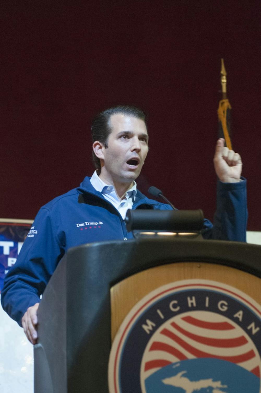 Donald Trump Jr. speaks into a microphone on Oct. 2, 2016 in the Union. Trump was speaking in support of his father's presidential campaign. 