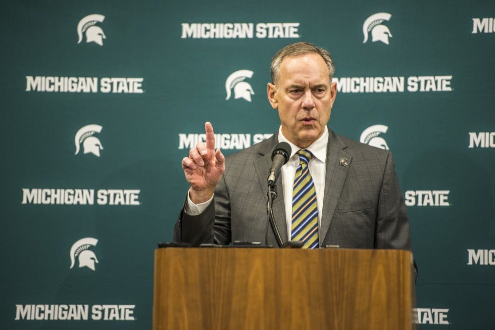 MSU football head coach Mark Dantonio addresses the media before the men's basketball game against Wisconsin on Jan. 26, 2018 at Breslin Center. (Nic Antaya | The State News)