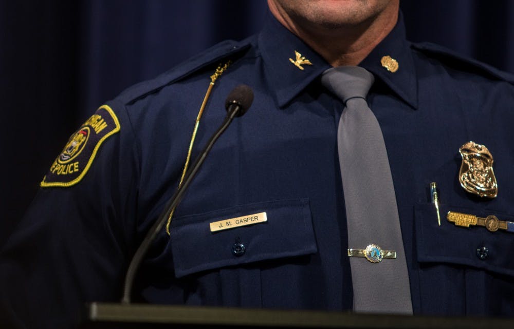 <p>Michigan State Police Col. Joseph Gasper speaks during a press conference on Feb. 21, 2019 at the G. Mennen Williams Building in Lansing.</p>