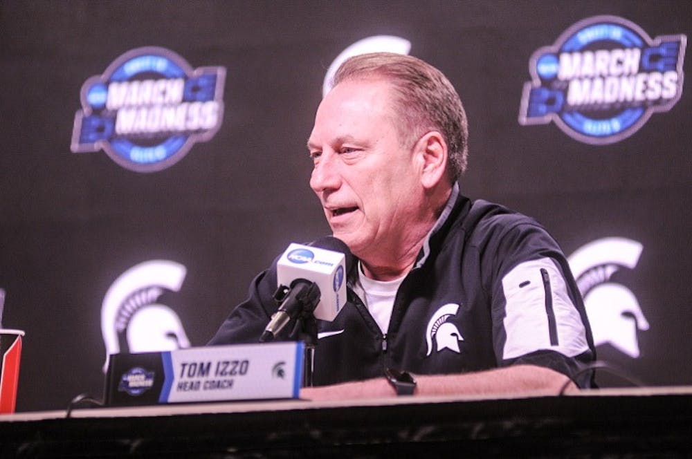 <p>Spartan Head Coach Tom Izzo speaks at a press conference at the Capital One Arena in Washington DC on March 28, 2019. Michigan State is scheduled to face Louisiana State University on March 29, 2019.</p>