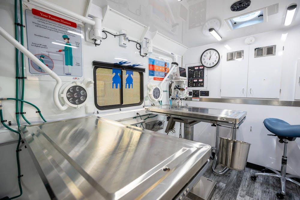 <p>The operating area of the MSU Veterinary Mobile Unit during its stop at I Heart Dogs in Warren, Mich., on July 16, 2026.</p>