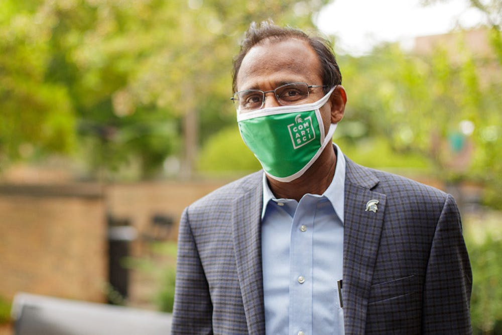 <p>Masked portrait of Prabu David, dean of the College of Communication Arts and Sciences, courtesy of MSU Public Relations Manager Caroline Brooks.</p>