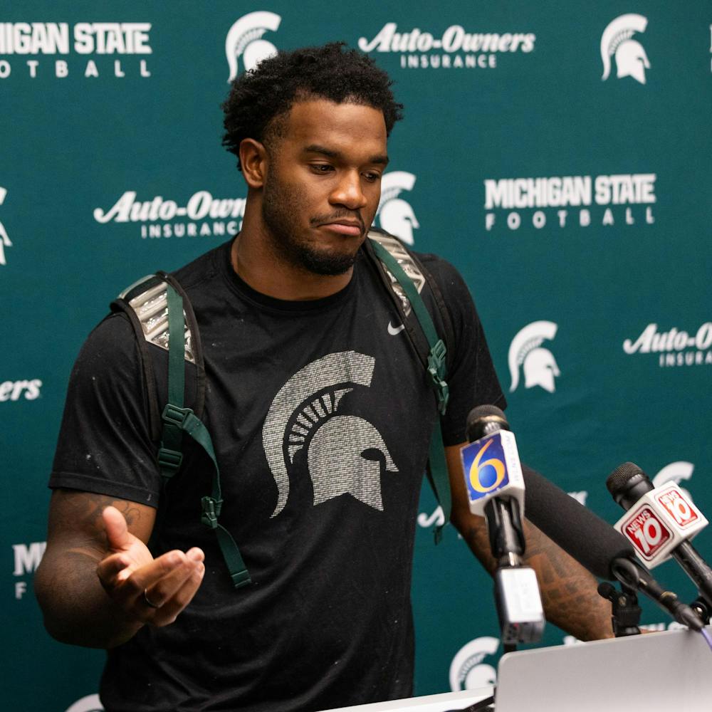 <p>Michigan State LB, Jordan Hall, answers questions during a press conference in the Skandalaris Football building in East Lansing, Mich., on Aug. 6, 2026.</p>