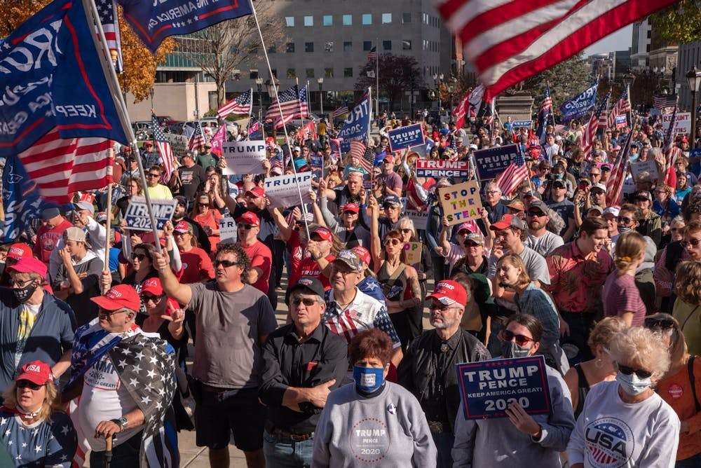 <p>A crowd of supporters for President Donald Trump at the Stop The Steal rally at the Michigan State Capital on Saturday, November 7, 2020</p>