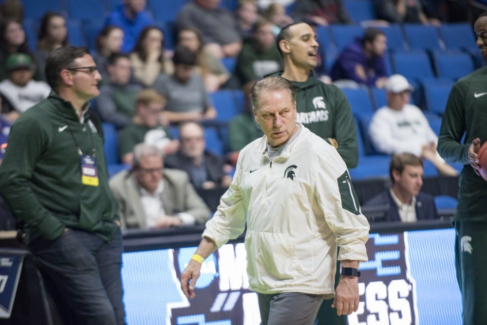 Head coach Tom Izzo watches his team during open practice on March 16, 2017 at the BOK Center in Tulsa, Okla.