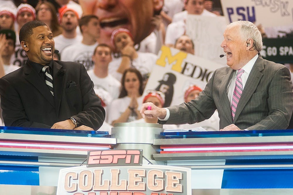 	<p><span class="caps">ESPN</span> sports analysts Jalen Rose, left, and Digger Phelps laugh during the show Jan. 25, 2014, at <span class="caps">ESPN</span>&#8217;s &#8220;College GameDay&#8221; at Breslin Center. The event was centered around the Michigan/Michigan State rivalry and their game that night. Erin Hampton/The State News</p>