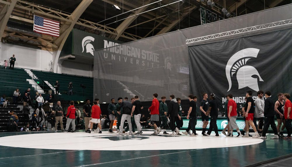 The MSU wrestling team fell to Rutgers during the dual match at Jenison Field House on Feb. 13, 2026.