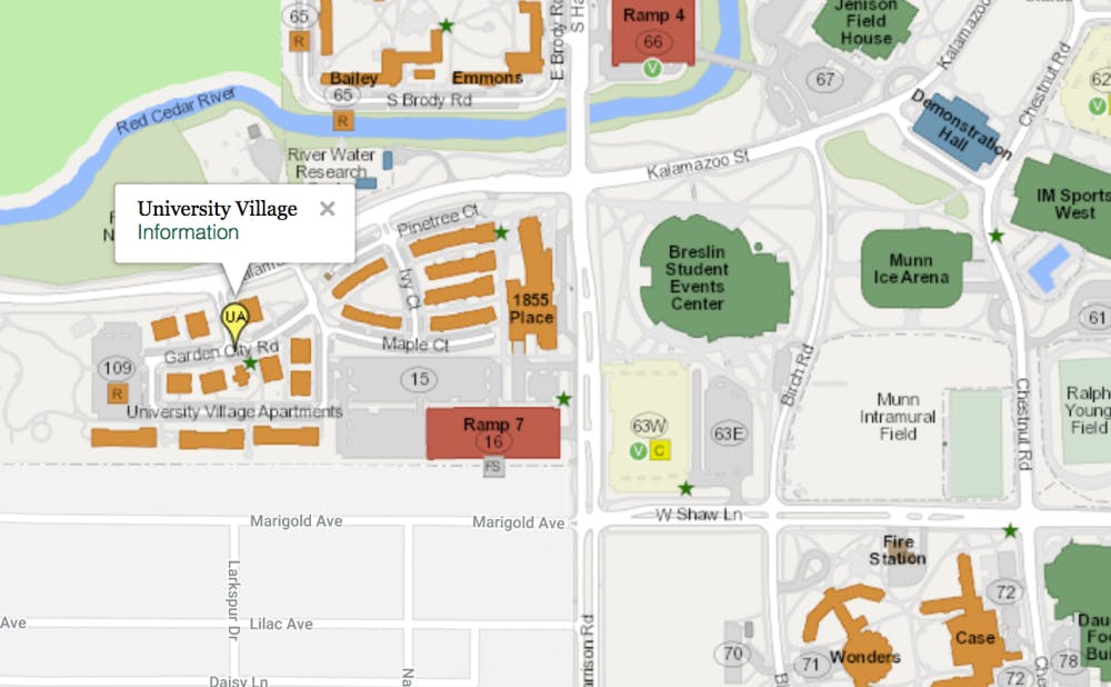 <p>A map showing the location of University Village residences near MSU's campus.&nbsp;</p>
