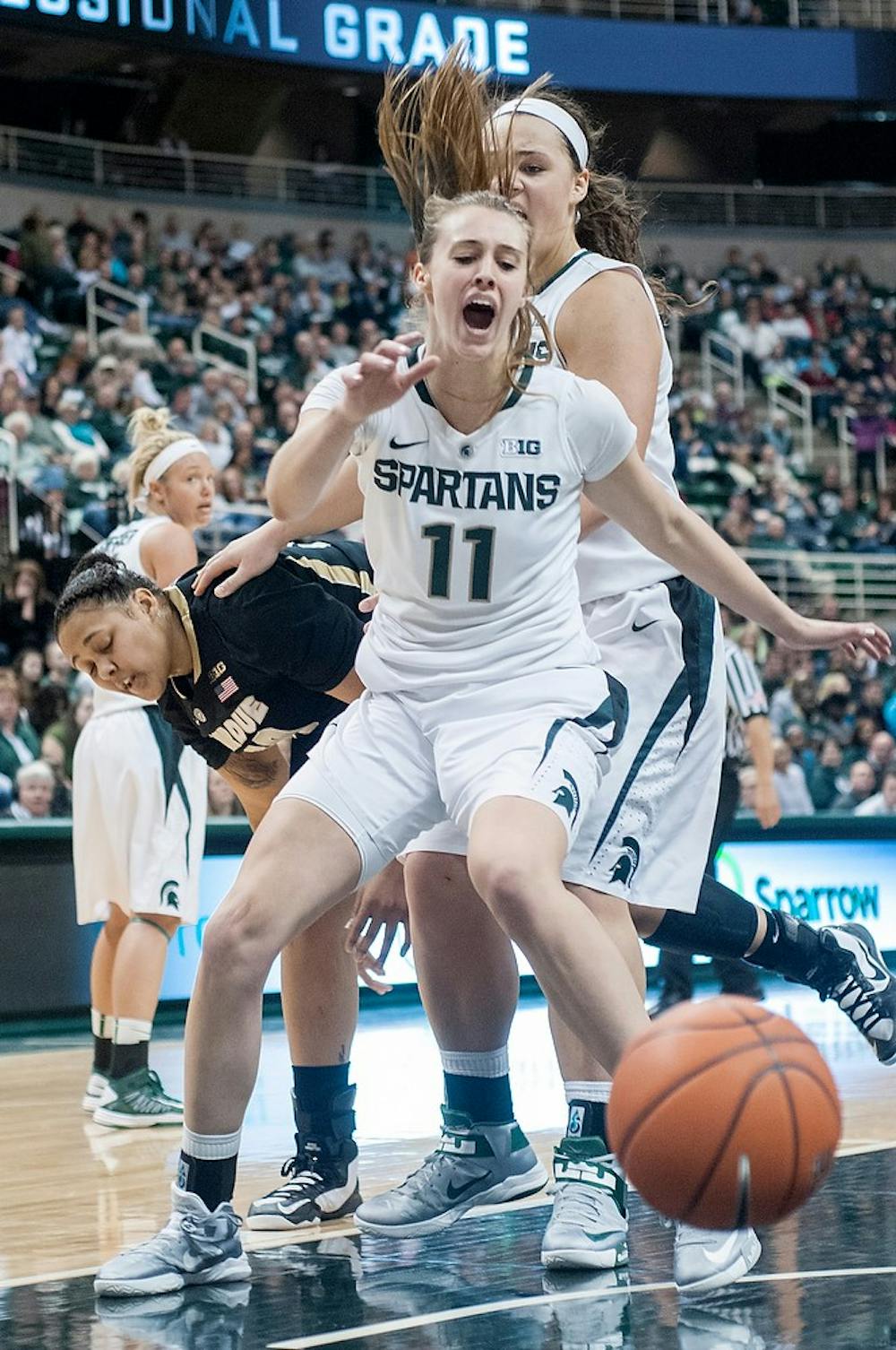 	<p>Junior forward Annalise Pickrel chases after the ball Jan. 27, 2013, at Breslin Center. The Spartans lost to Purdue, 67-62. Julia Nagy/The State News</p>