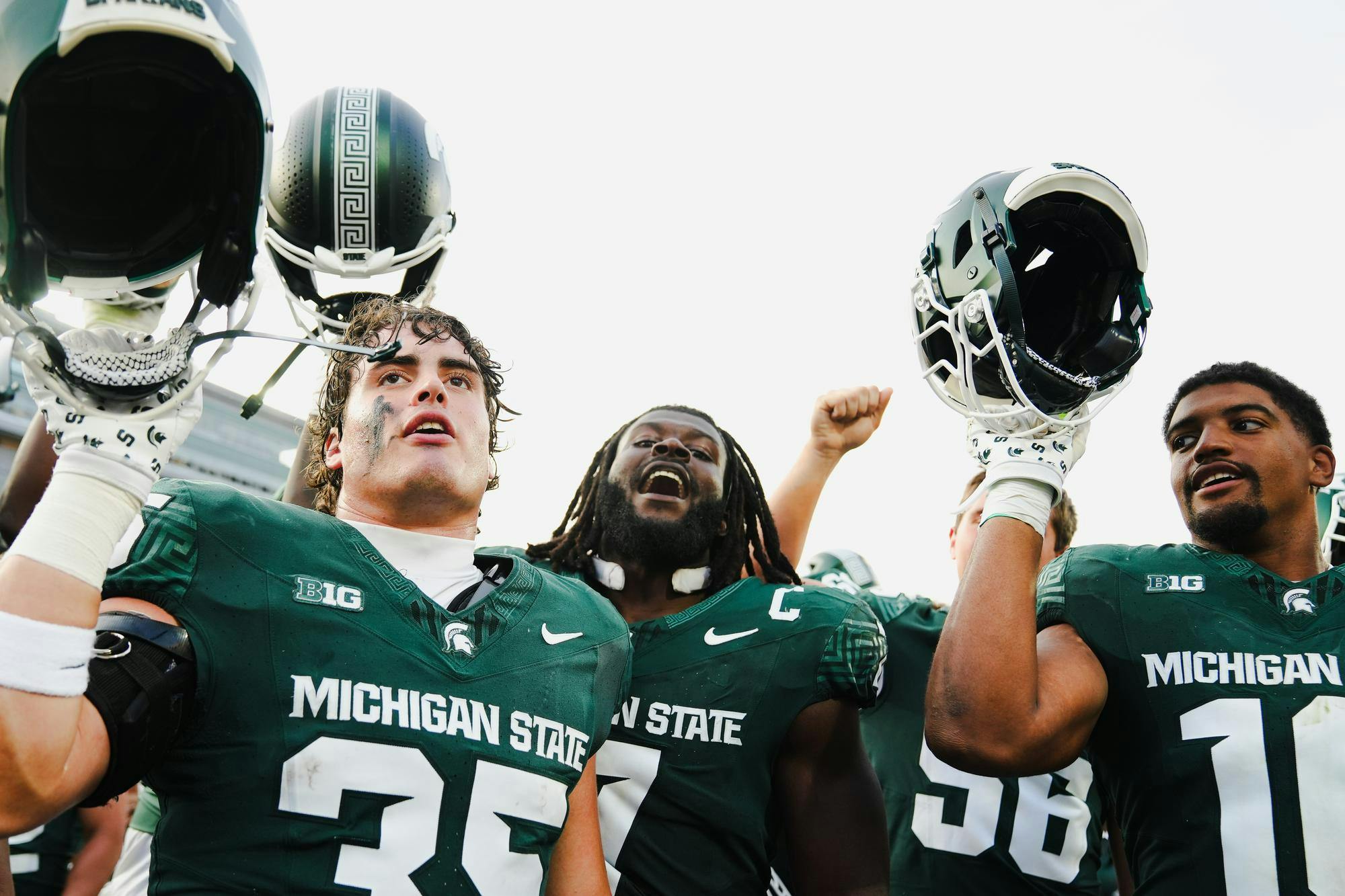 <p>MSU football players celebrate their win by singing "Victory for MSU" after the MSU versus Prairie View game at Spartan Stadium on Sept. 14, 2024.</p>