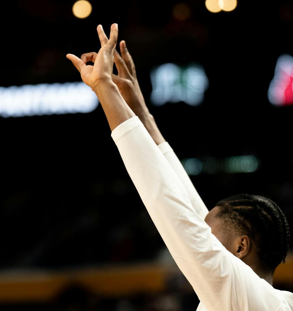An MSU basketball player celebrates a three-pointer during the March Madness matchup against University of Louisville at the KeyBank Center in Buffalo, New York on March 21, 2026.