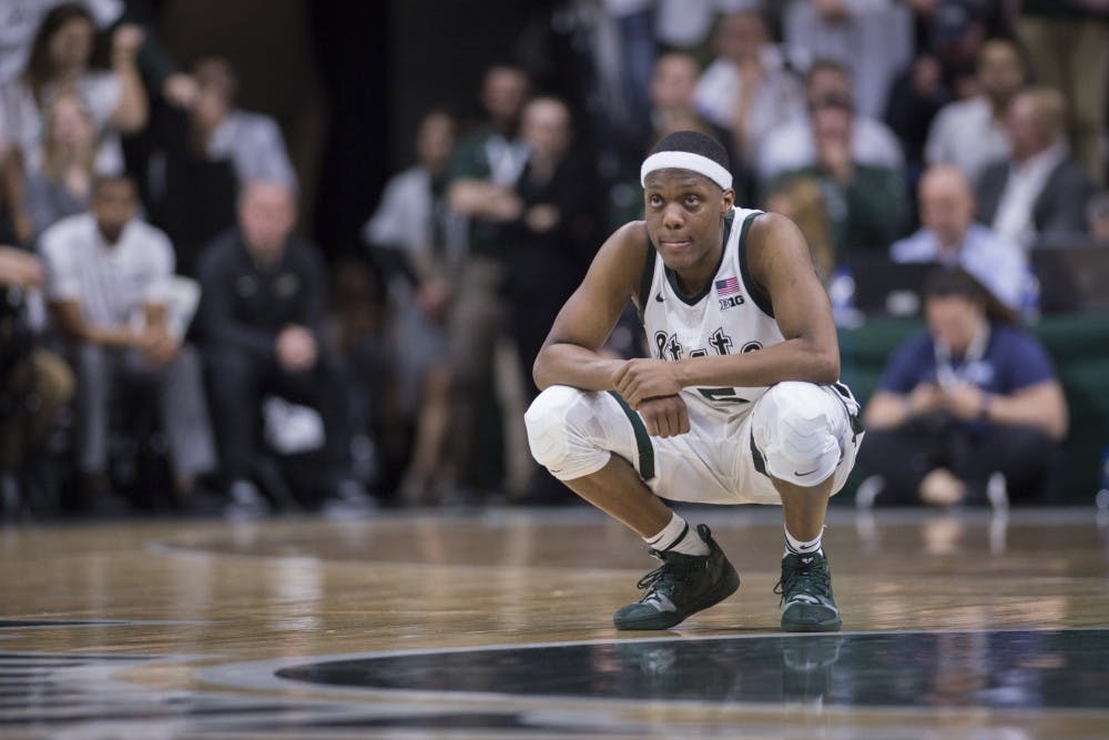 Junior guard Cassius Winston (5) looks on during the second half of the men's basketball game against Purdue on Jan. 8, 2018 at Breslin Center. The Spartans defeated the Boilermakers, 77-59.