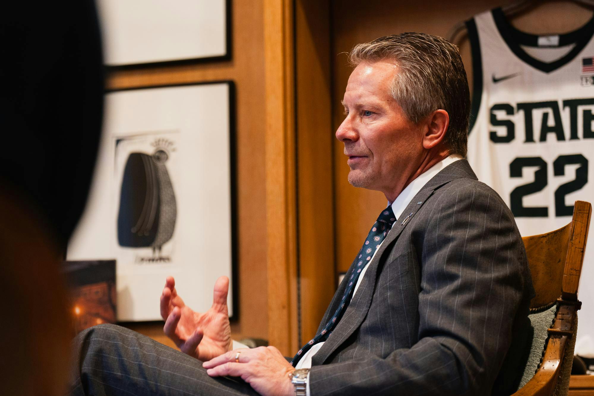 <p>Michigan State President Kevin Guskiewicz sits in his office located in Alice B. Cowles House on campus, on Dec. 3, 2024.</p>