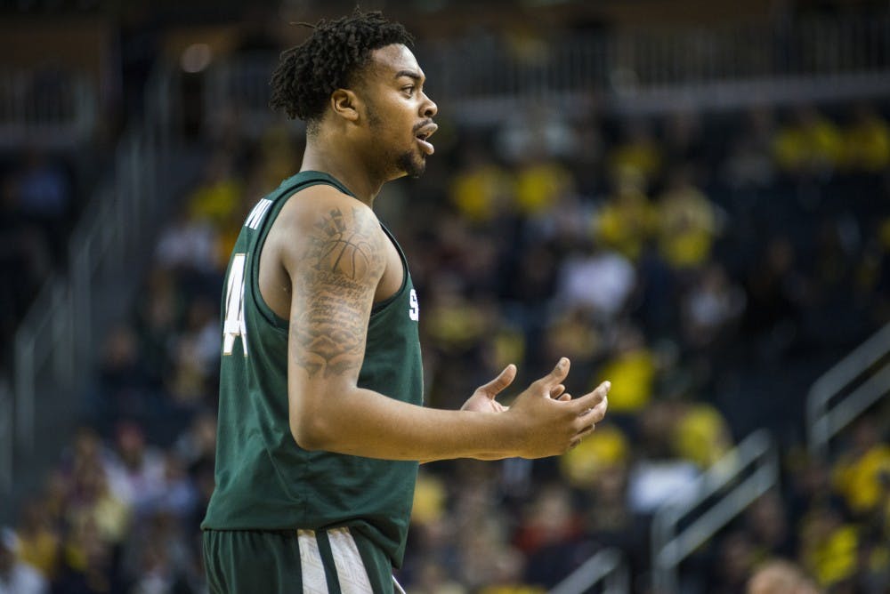 Freshman forward Nick Ward (44) reacts to a call during the second half of the men's basketball game against the University of Michigan on Feb. 7, 2017 at Crisler Arena in Ann Arbor, Mich. The Spartans were defeated by the Wolverines, 86-57.