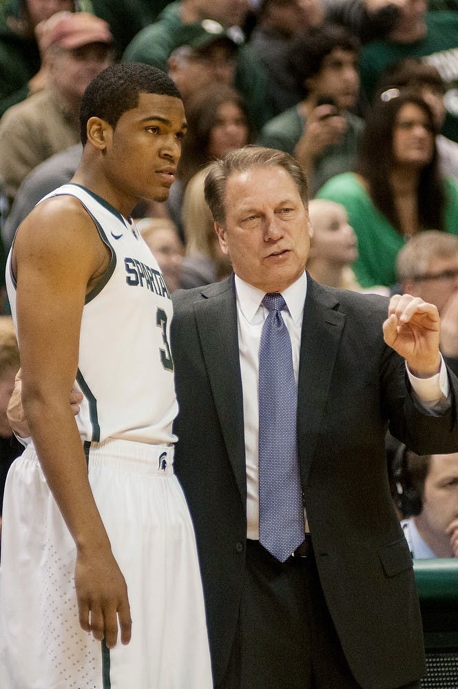 	<p>Head coach Tom Izzo has a word with freshman guard Alvin Ellis <span class="caps">III</span> during the game against Mount St. Mary&#8217;s on Nov. 29, 2013, at Breslin Center. The Spartans defeated the Mountaineers, 98-65. Khoa Nguyen/The State News</p>