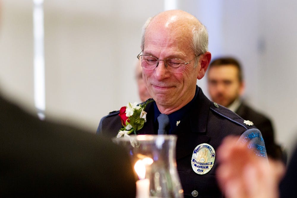 	<p>Retiring <span class="caps">MSU</span> police Assistant Chief Mike Rice becomes emotional after speaking during his retirement party Thursday, Jan. 10, 2013, at Kellogg Center. Rice spent more than 43 years working with the <span class="caps">MSU</span> Police Department. Simon Schuster/The State News</p>