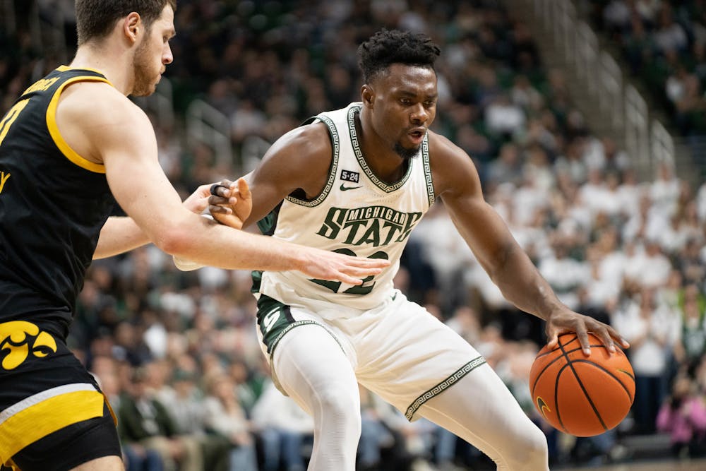 <p>Junior center Maddy Sissoko, guarding the ball at the Iowa v. MSU game held at the Breslin Center on Jan. 26, 2023. The Spartans defeated the Hawkeyes 61-63.</p>