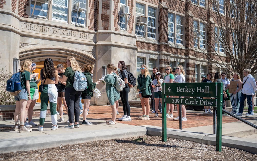 <p>MSU students before their walkout protest against gun violence from Berkey Hall to the Spartan Statue on April 12, 2023.</p>