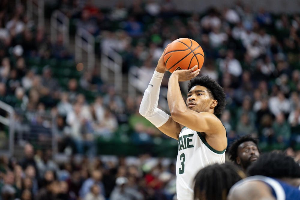 <p>MSU Junior Guard Jaden Akins shoots a free throw against Georgia Southern at the Jack Breslin Student Events Center on Nov. 28, 2023.</p>