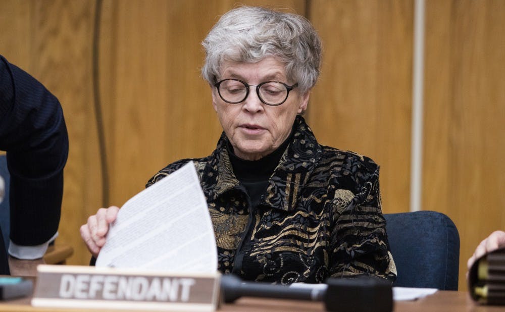 Former Michigan State University President Lou Anna K. Simon is read her charges during her arraignment at the Eaton County Courthouse on Nov. 26, 2018. She is being charged with four counts of lying to a Peace Officer about the Nassar Investigation.