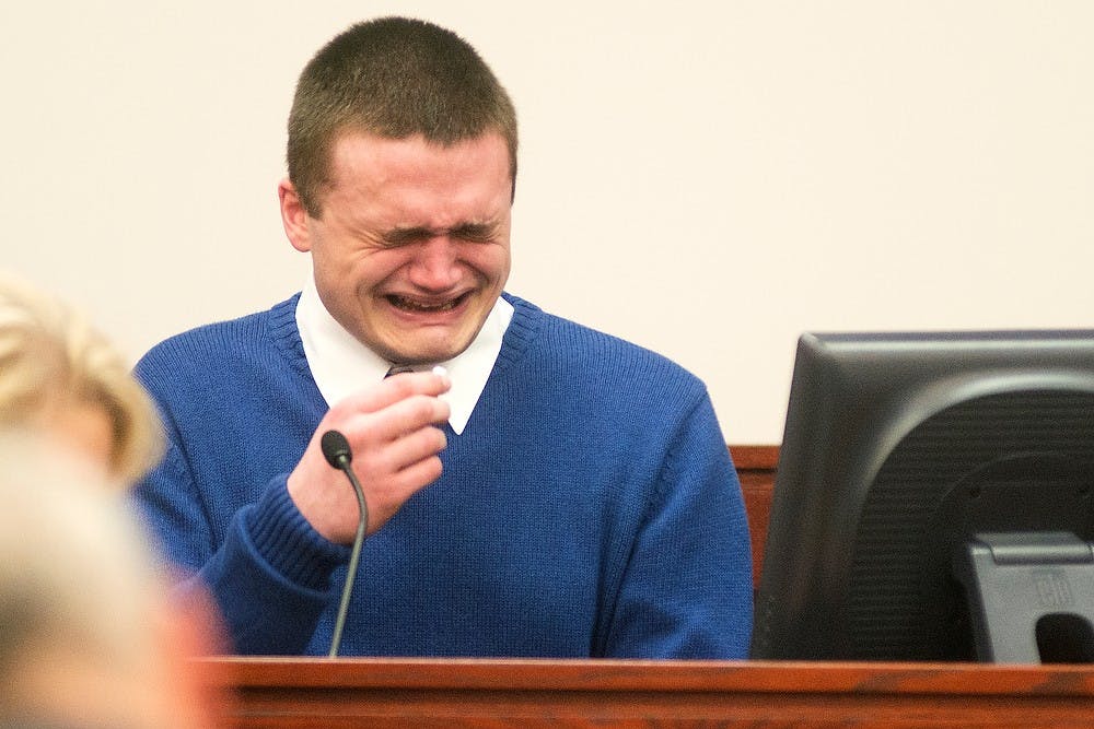 	<p>Alleged murderer Connor McCowan cries during his testimony Oct. 10, 2013, at the Ingham County Circuit Court in Lansing. McCowan is accused of fatally stabbing <span class="caps">MSU</span> student Andrew Singler after getting in a fight with him over text messages Feb. 23. Julia Nagy/The State News</p>