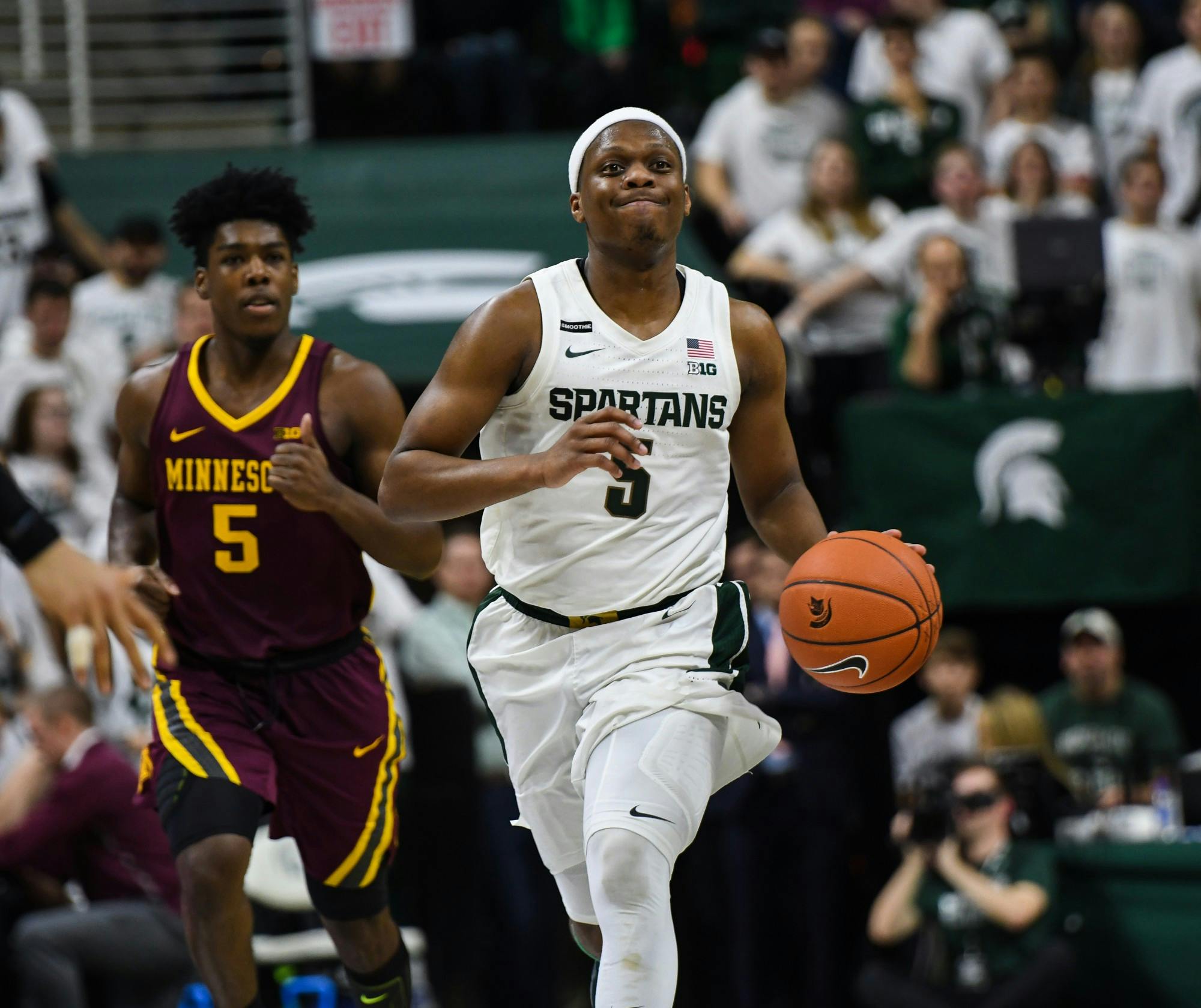 <p>Senior guard Cassius Winston smiles during the game against Minnesota on Jan. 9, 2020 at the Breslin Center. The Spartans defeated the Golden Gophers, 74-58.</p>