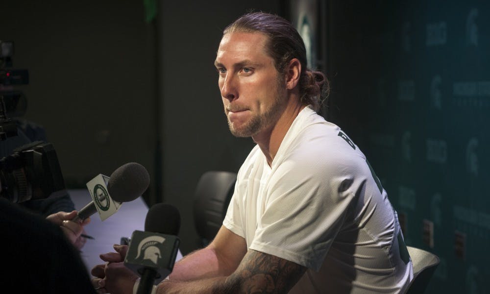 Former MSU linebacker and captain Riley Bullough answers questions from the press after his Pro Day performance on March 22, 2017 at Spartan Stadium. Pro Day is an event where Spartans looking to play in the NFL have a chance to show off their skills.